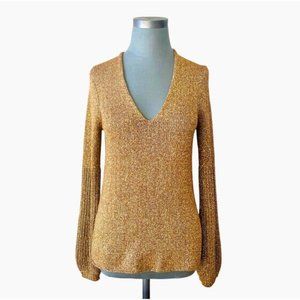 Gold Metallic Sweater WHITE+WARREN Women Sweater Ribbed Long Sleeve Pullover Top